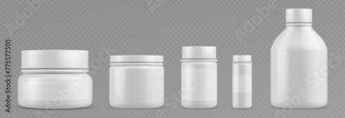 Plastic bottle for pills and supplements mockup. Realistic 3d vector set of white jar for medicine and vitamin with blank label. Template of round closed container pharmacy capsule, tablet or powder.