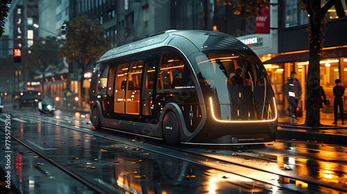 The Future Public Transportation, Journey Through Urban Landscapes with Hi-Tech Vehicles and Futuristic Shuttle Buses, Modern Concepts of Automation and Transport Innovative Systems.