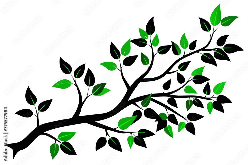 Capture the beauty of nature with this exquisite vector illustration of a tree branch silhouette adorned with lush green leaves against a pristine white background. Capture the beauty of nature with this exquisite vector illustration of a tree branch silhouette adorned with lush green leaves against a pristine white background.