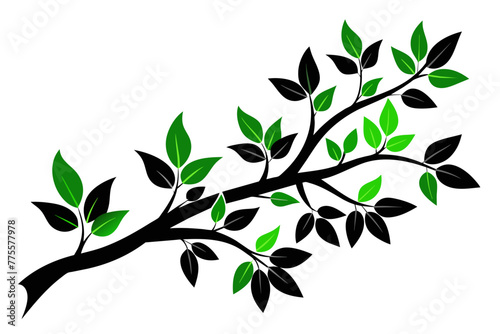 Capture the beauty of nature with this exquisite vector illustration of a tree branch silhouette adorned with lush green leaves against a pristine white background.