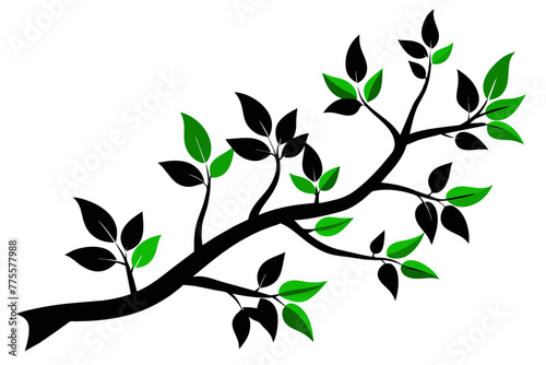 Capture the beauty of nature with this exquisite vector illustration of a tree branch silhouette adorned with lush green leaves against a pristine white background.