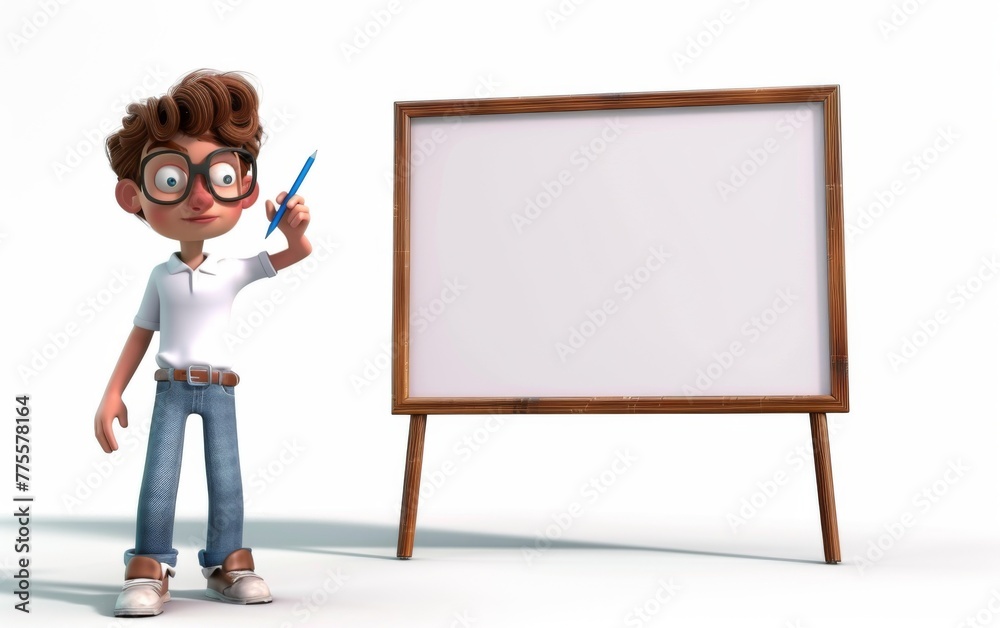 Cartoon character little boy points a finger at a blank board on a white background. 3d render illustration Cartoon character little boy points a finger at a blank board on a white background. 3d render illustration