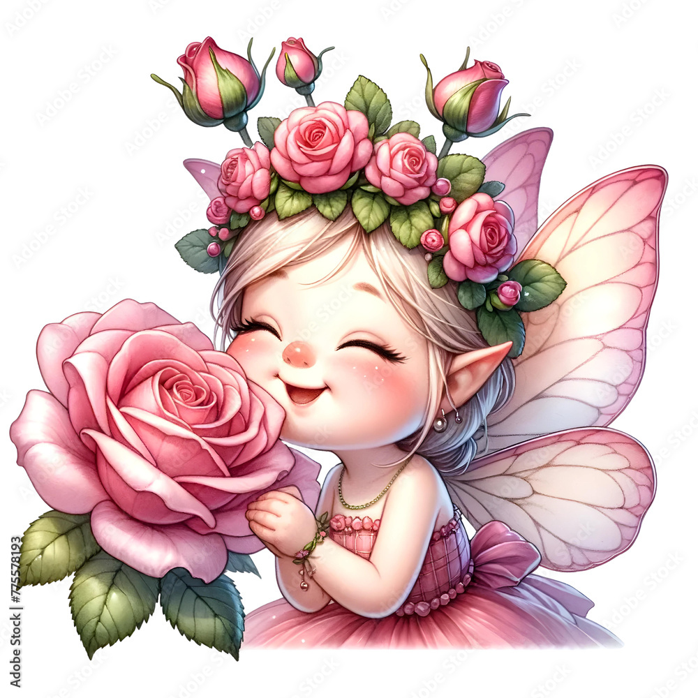 Magical nature playful Fairy with flowers watercolor clipart