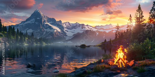 Mountains and a campfire in the foreground with a lake and mountains in the background, Remote Campsite Amidst . 