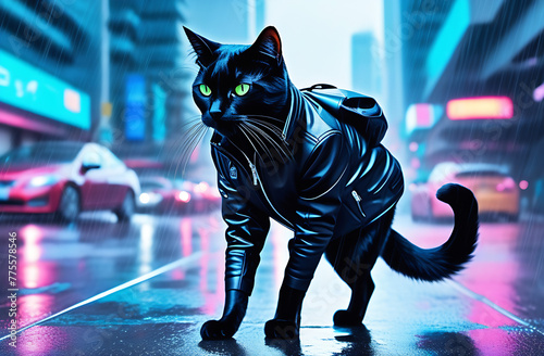 A black cat in a leather jacket walks down a city street in the anime style