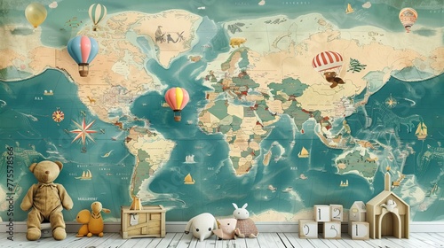 A retro-style world map for children featuring balloons and animals, suitable for digital printing wallpaper. This design offers custom wallpaper options.