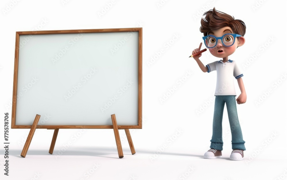 Cartoon character little boy points a finger at a blank board on a white background. 3d render illustration Cartoon character little boy points a finger at a blank board on a white background. 3d render illustration