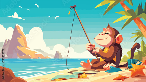 Monkey on the island illustration 2d flat cartoon v