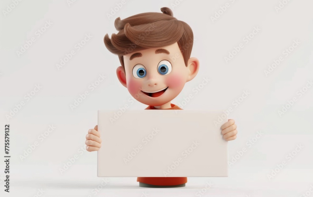 Character cartoon boy points to a blank sheet of paper. 3d rendering. Illustration for advertising Character cartoon boy points to a blank sheet of paper. 3d rendering. Illustration for advertising