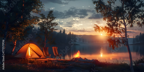 Atmospheric camping evening with tents bonfire  This tent surrounded by the breathtaking beauty of the mountains and lake provides the perfect escape from the daily grind So sit back relax.  