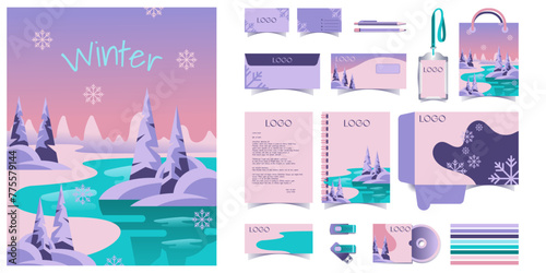 Fototapeta Naklejka Na Ścianę i Meble -  WINTER , set of Corporate Brand or visual Identity Mockup set with digital elements in winter theme with full stationery template design. Editable vector illustration: Business card, Bag, id, card.