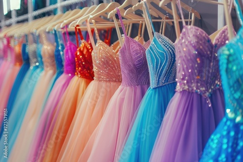 Neatly arranged colorful dresses, neatly arranged colorful wedding dresses, bridal shop advertising, dress rental, wedding dress rental