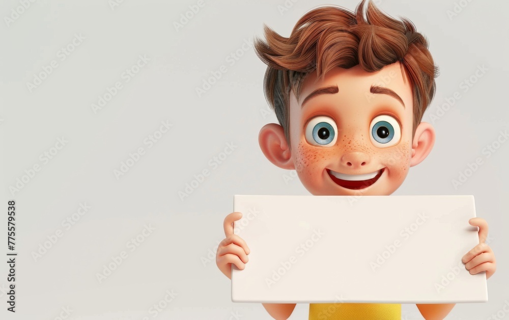 Character cartoon boy points to a blank sheet of paper. 3d rendering. Illustration for advertising. Character cartoon boy points to a blank sheet of paper. 3d rendering. Illustration for advertising.
