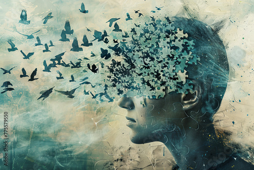 A woman s face is cut out of a puzzle  with birds flying around her head