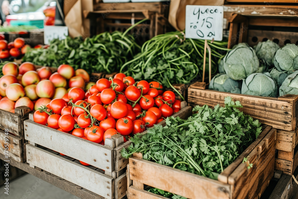 Farmer's market stall with a variety of produce elegantly packaged in eco-friendly materials, sustainable packaging. Farmer's market stall with a variety of produce elegantly packaged in eco-friendly materials, sustainable packaging.