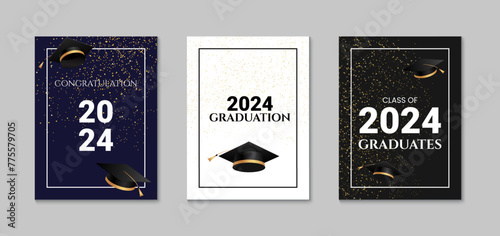 Graduation greeting card design. Celebration party invitation. Congratulations graduates class of 2024 poster. Vector illustration