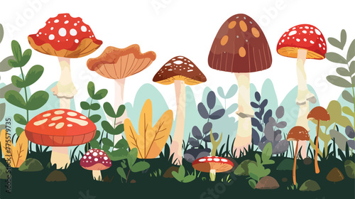 Mushrooms and different kinds of plants 2d flat car