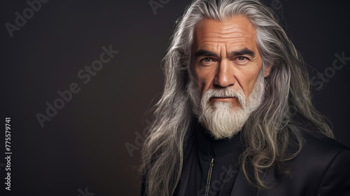 Handsome elderly Latino with long gray hair, on a dark gray background, banner. © ALA