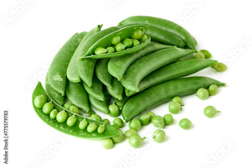 Pile of Sugar snap pea and peeled with seed inside isolated on white background. sugar snap pea belong to the leguminosae family. hard pods, seed large and pods are thick. sweet and crisp.