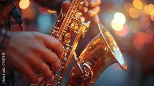 Close-up of musician playing saxophone with bokeh lights in background