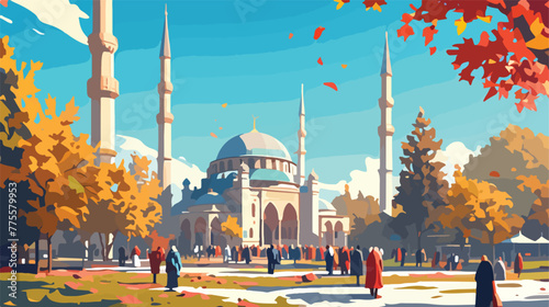 Muslim people in front of mosque illustration 2d fl