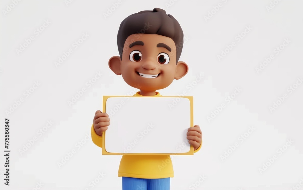 Character cartoon boy points to a blank sheet of paper. 3d rendering. Illustration for advertising. Character cartoon boy points to a blank sheet of paper. 3d rendering. Illustration for advertising.
