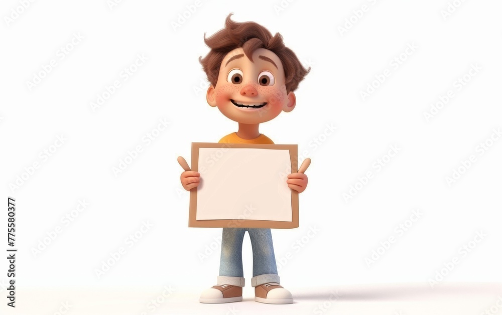 Character cartoon boy points to a blank sheet of paper. 3d rendering. Illustration for advertising. Character cartoon boy points to a blank sheet of paper. 3d rendering. Illustration for advertising.