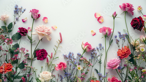 Happy Mother's Day - colorful wild flowers on white, for mothers day. Love, wedding, romance celebration. Banner. with copyspace, summer background
