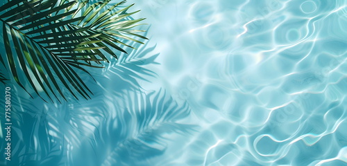 Tropical summer background with clear blue water and reflective shadows of palm trees. Top view of blue water.