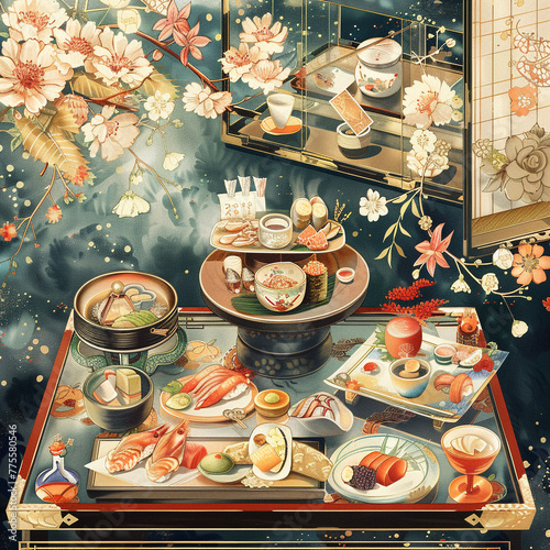 A detailed illustration of a kaiseki meal spread, each dish a work of art, complemented by an elegant burst of light and color