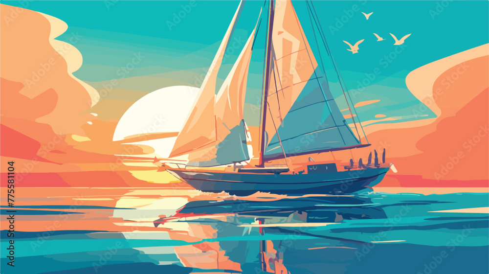 Ocean scene with sailboat illustration 2d flat cart