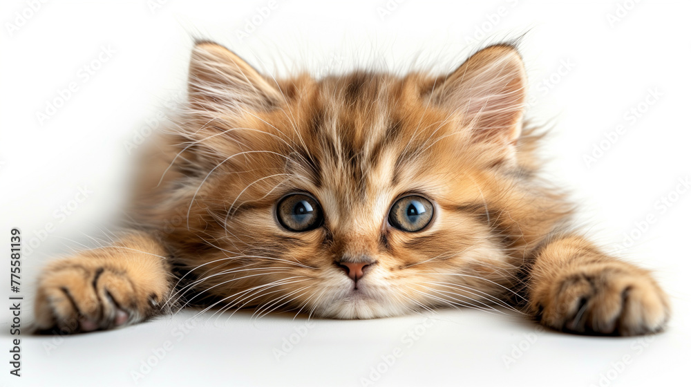 An adorable fluffy ginger kitten with captivating large blue eyes lying down on a soft surface, looking directly at the camera.