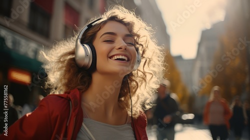 Girl dances on street with headphones on listens to music and feels happy walking in city