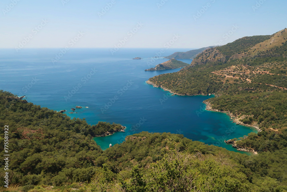 View onto Kalevezi Koyu Bay and Mersinli Koyu Bay, near Kayaköy, Fethiye, Turkey