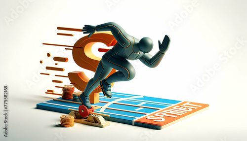 3d flat icon as Strategy Sprint An ad showing a sprinter at the starting blocks ready to race towards business goals. in financial growth and innovation abstract theme with isolated white background ,