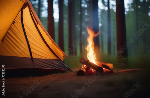 in summer, there is a tent in the forest and a bonfire is burning, from which a beautiful light comes