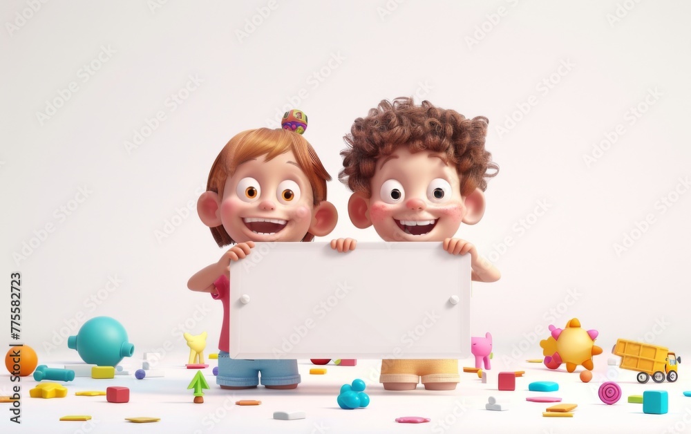 Two 3D cartoon characters pointing at a whiteboard sign. 3D display. Advertisement illustrations. Two 3D cartoon characters pointing at a whiteboard sign. 3D display. Advertisement illustrations.