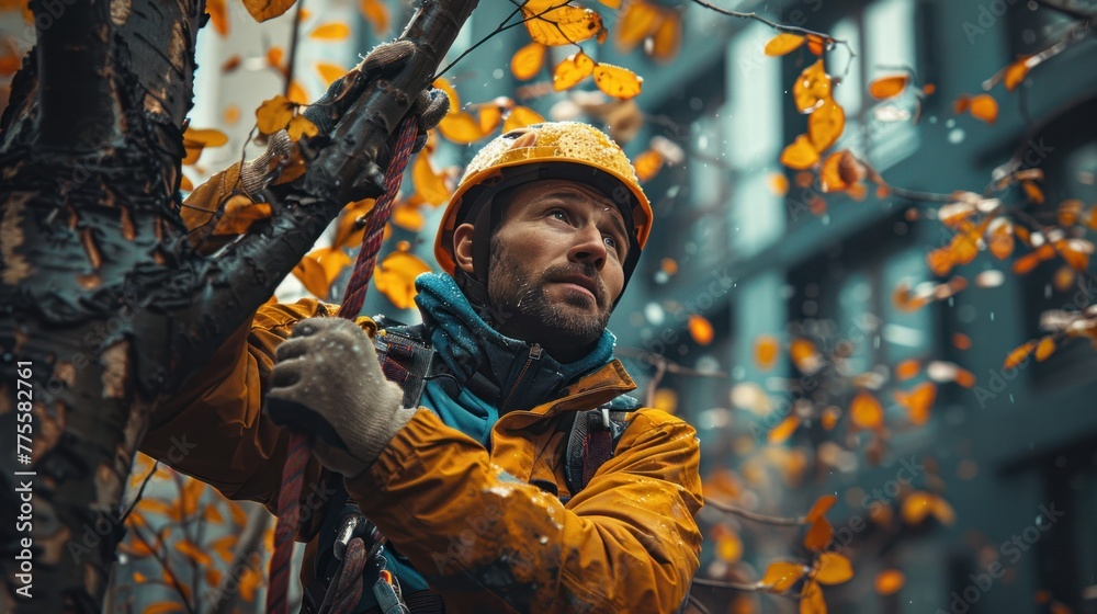 Fototapeta premium Arborist men working to trim trees.