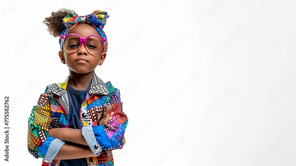 Cute and confident afroamerican girl on white background - childrens day banner Cute and confident afroamerican girl on white background - childrens day banner