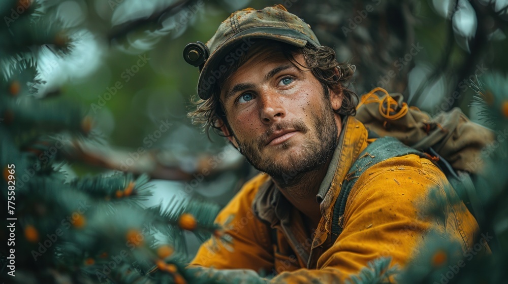 Fototapeta premium Arborist men working to trim trees.