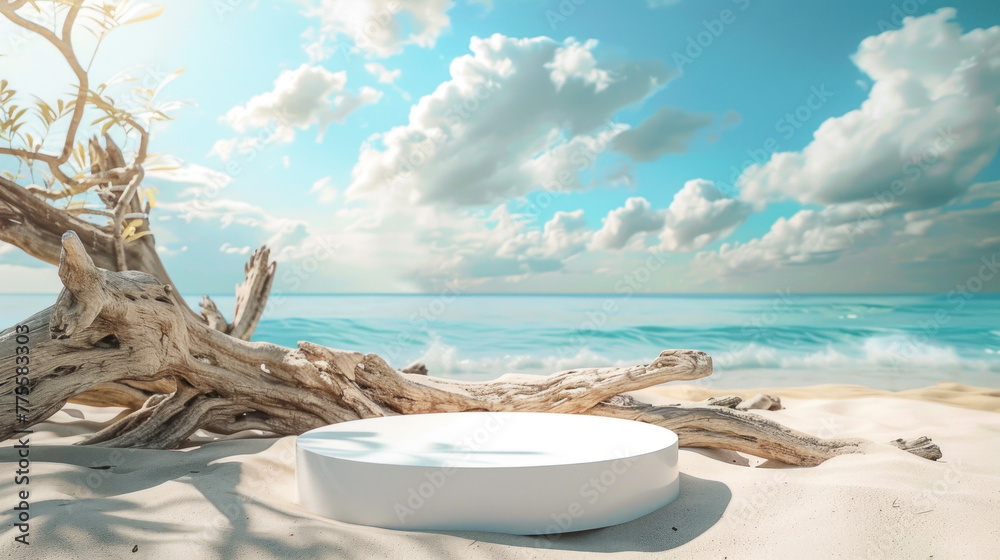 Obraz premium A podium at a tropical beach with sand and driftwood against a blue sky background background for product photography