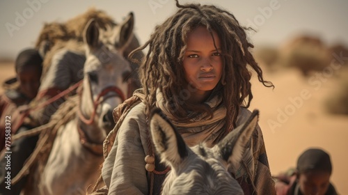 African children with dreadlocks from the nomadic Wodaabe tribe, sitting on the backs of a donkey during the moving season.