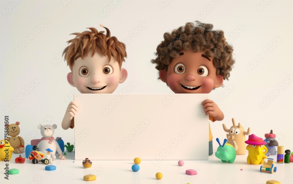 Two 3D cartoon characters pointing at a whiteboard sign. 3D display. Advertisement illustrations. Two 3D cartoon characters pointing at a whiteboard sign. 3D display. Advertisement illustrations.