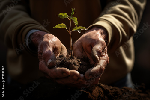 The gardener's hands tenderly support the delicate seedling against the backdrop of rich, fertile soil photo