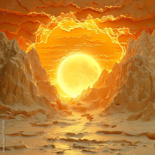 3D animators vision of a sun melting into the horizon, clay style with a surreal background ,illustrator