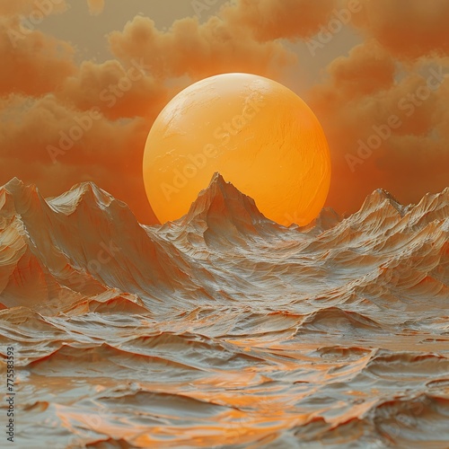 3D animators vision of a sun melting into the horizon, clay style with a surreal background ,illustrator