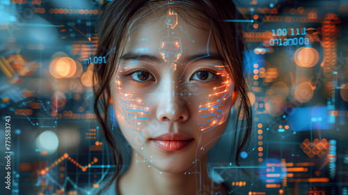 Close up of a young woman's face with advanced facial recognition interface graphics overlaying her features, symbolizing cutting edge biometric technology.