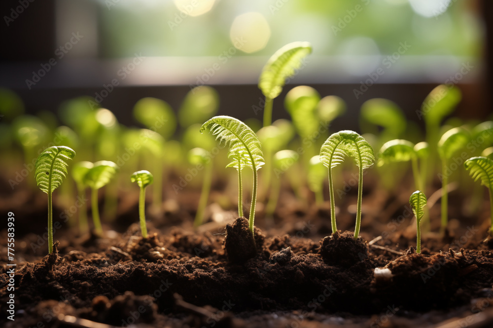 Close up of tiny fern seeds sprout and germinate into newborn fern plants into lush green fronds by the warmth of sunlight and the nourishment of rich soil - obrazy, fototapety, plakaty 