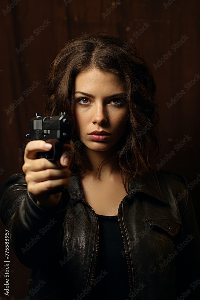 A woman wearing a leather jacket is seen holding a gun in her hand. She has a serious expression on her face, and the gun appears to be loaded A woman wearing a leather jacket is seen holding a gun in her hand. She has a serious expression on her face, and the gun appears to be loaded
