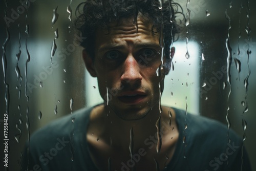 A man is standing in front of a window covered in raindrops. He appears to be staring outside, lost in thought, while rain continues to fall outside